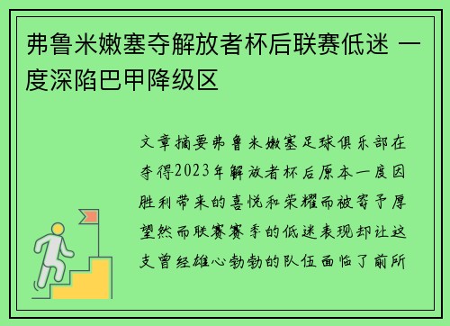 弗鲁米嫩塞夺解放者杯后联赛低迷 一度深陷巴甲降级区